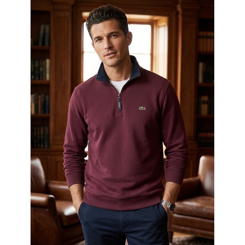 Lacoste Mens 4XL Burgundy Quarter Zip Cotton Pullover Sweatshirt SH1925 Maroon